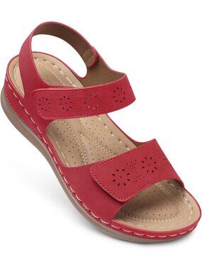 Women's Red Flat Sandals Comfortable Arch Support Dressy Cushioning Casual